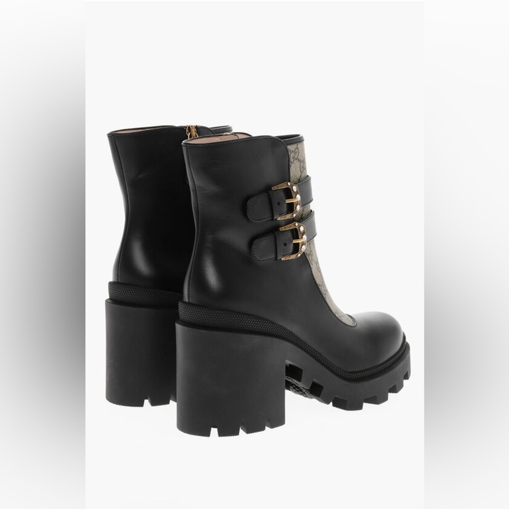 New Gucci boots GG monogram Crystal Buckle Black Ankle Combat Boots Size 38.5 - Picture 4 of 9